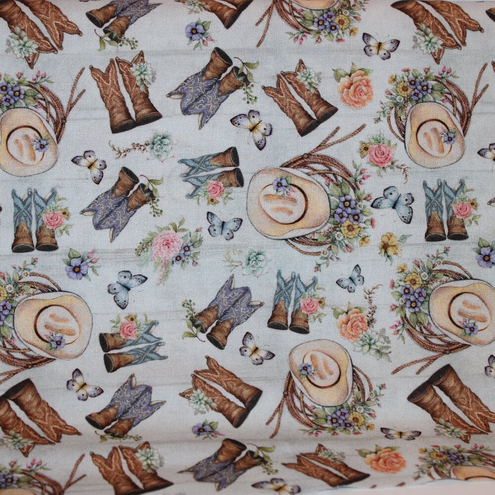 One Yard Cotton Fabric TOSSED BOOTS Cowboy Boots Hats Flowers on Blue